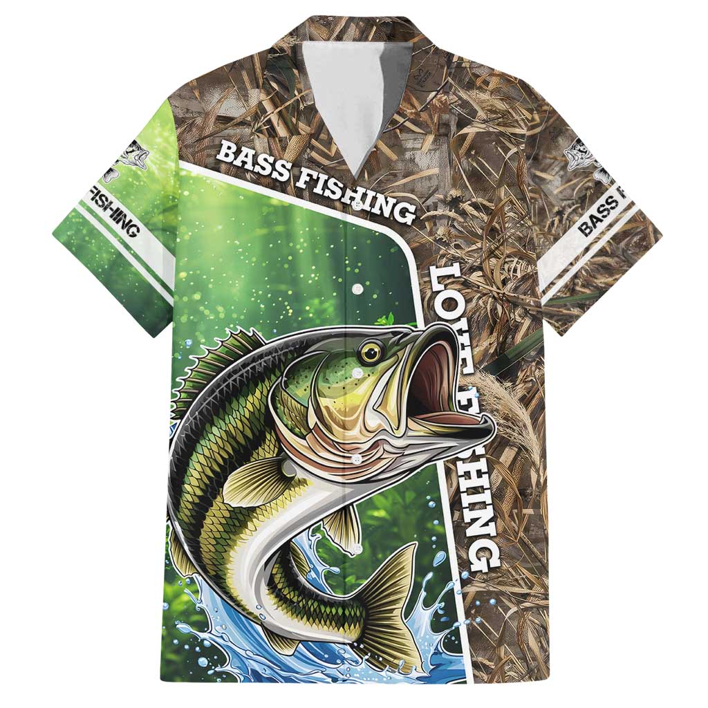 Personalized Bass Fishing Design Family Matching Off Shoulder Maxi Dress and Hawaiian Shirt Leaping Fish Graphic and Camouflage Green Water Splash Print - Wonder Print Shop