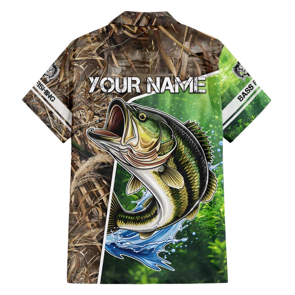 Personalized Bass Fishing Design Family Matching Off Shoulder Maxi Dress and Hawaiian Shirt Leaping Fish Graphic and Camouflage Green Water Splash Print - Wonder Print Shop
