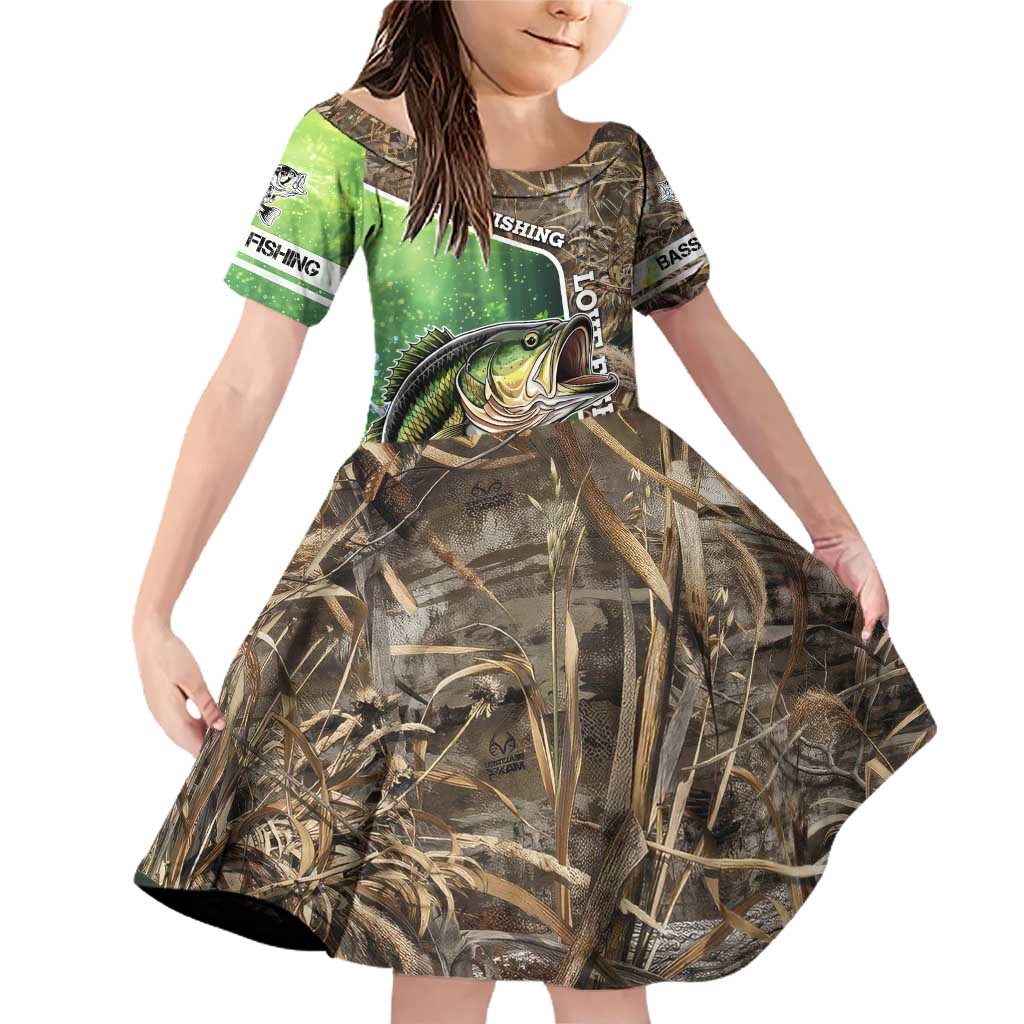 Personalized Bass Fishing Design Family Matching Off Shoulder Short Dress and Hawaiian Shirt Leaping Fish Graphic and Camouflage Green Water Splash Print - Wonder Print Shop