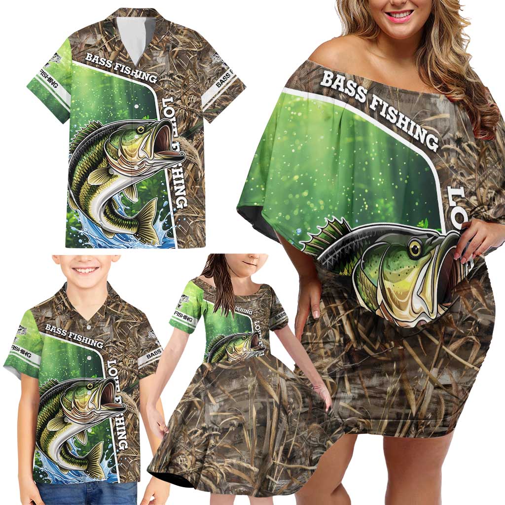 Personalized Bass Fishing Design Family Matching Off Shoulder Short Dress and Hawaiian Shirt Leaping Fish Graphic and Camouflage Green Water Splash Print - Wonder Print Shop