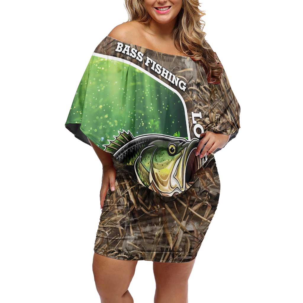 Personalized Bass Fishing Design Family Matching Off Shoulder Short Dress and Hawaiian Shirt Leaping Fish Graphic and Camouflage Green Water Splash Print - Wonder Print Shop