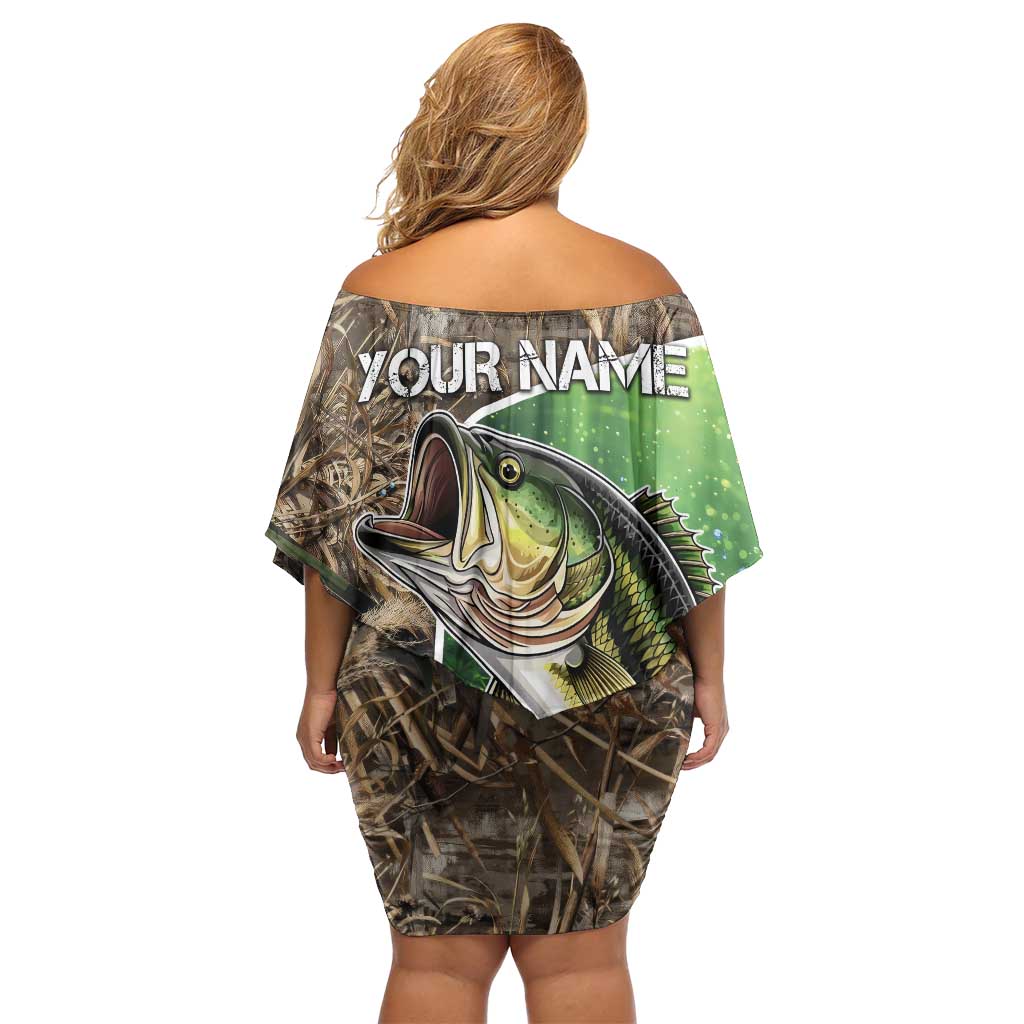 Personalized Bass Fishing Design Family Matching Off Shoulder Short Dress and Hawaiian Shirt Leaping Fish Graphic and Camouflage Green Water Splash Print - Wonder Print Shop