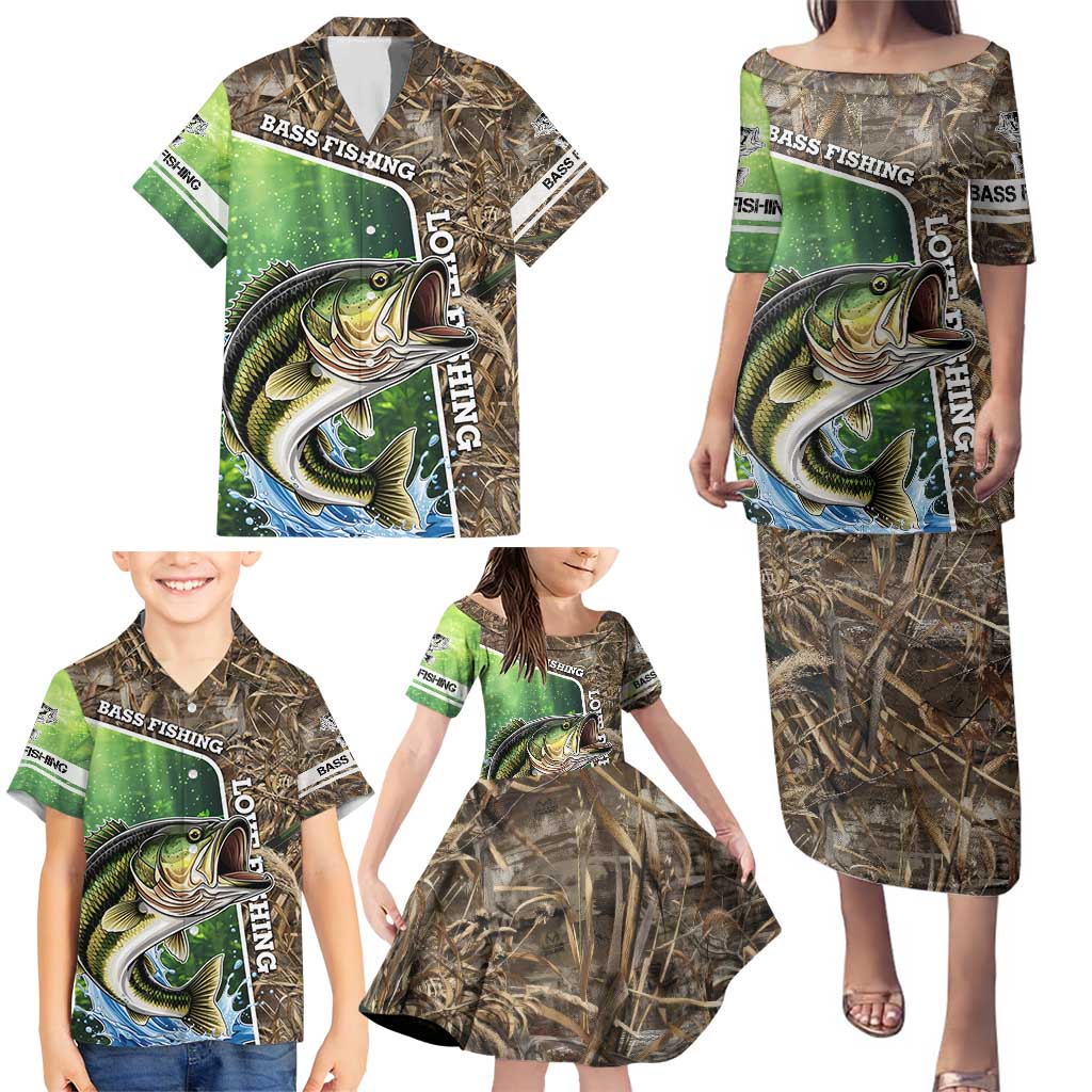 Personalized Bass Fishing Design Family Matching Puletasi and Hawaiian Shirt Leaping Fish Graphic and Camouflage Green Water Splash Print - Wonder Print Shop