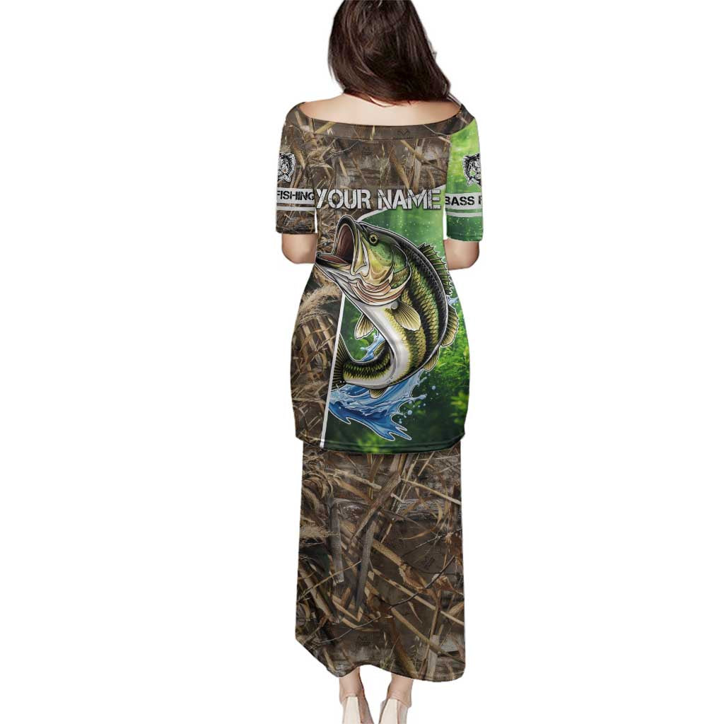 Personalized Bass Fishing Design Family Matching Puletasi and Hawaiian Shirt Leaping Fish Graphic and Camouflage Green Water Splash Print - Wonder Print Shop