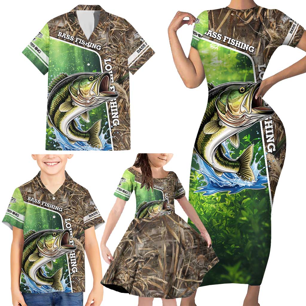 Personalized Bass Fishing Design Family Matching Short Sleeve Bodycon Dress and Hawaiian Shirt Leaping Fish Graphic and Camouflage Green Water Splash Print - Wonder Print Shop