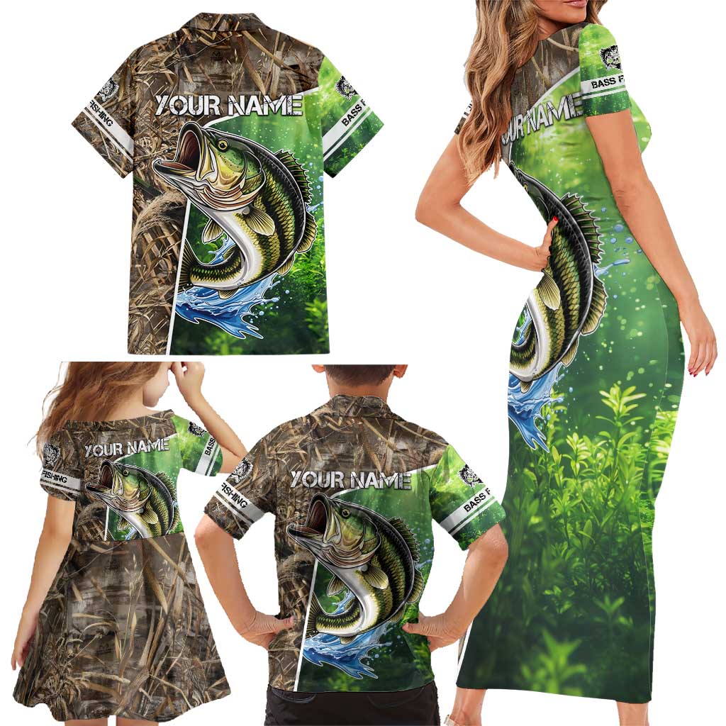 Personalized Bass Fishing Design Family Matching Short Sleeve Bodycon Dress and Hawaiian Shirt Leaping Fish Graphic and Camouflage Green Water Splash Print - Wonder Print Shop