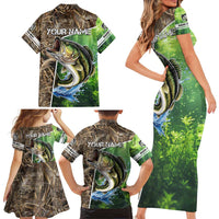 Personalized Bass Fishing Design Family Matching Short Sleeve Bodycon Dress and Hawaiian Shirt Leaping Fish Graphic and Camouflage Green Water Splash Print - Wonder Print Shop
