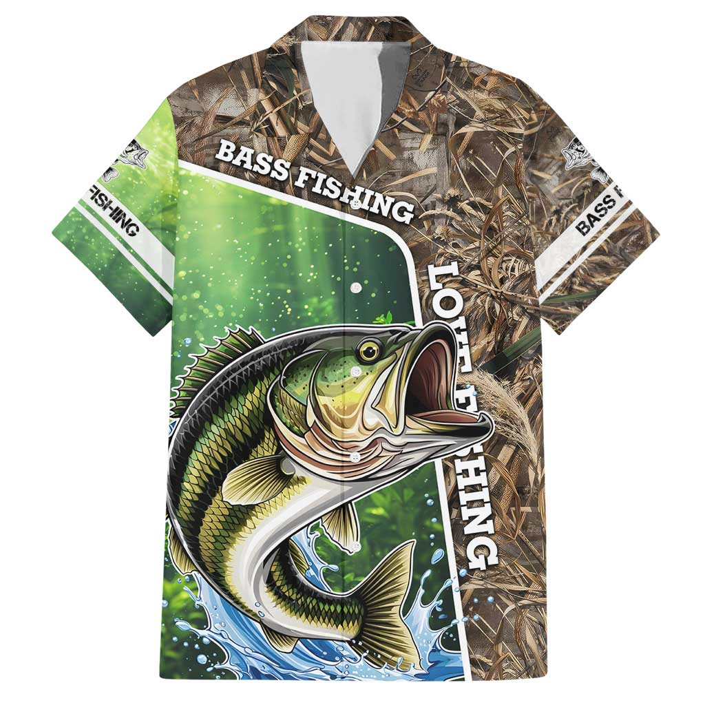 Personalized Bass Fishing Design Family Matching Short Sleeve Bodycon Dress and Hawaiian Shirt Leaping Fish Graphic and Camouflage Green Water Splash Print - Wonder Print Shop