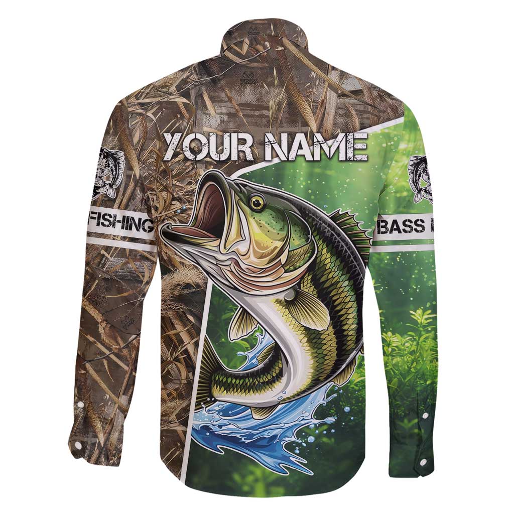 Personalized Bass Fishing Design Family Matching Short Sleeve Bodycon Dress and Hawaiian Shirt Leaping Fish Graphic and Camouflage Green Water Splash Print - Wonder Print Shop