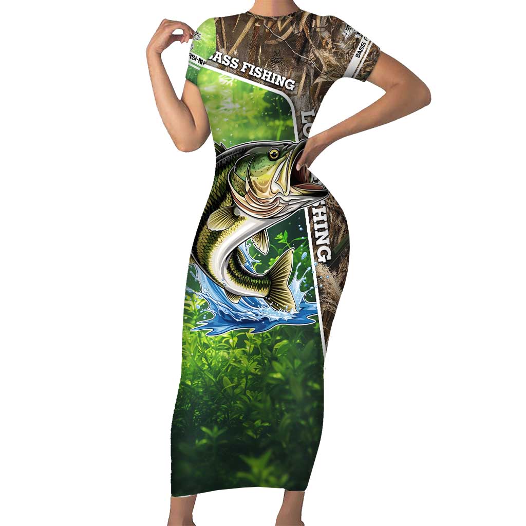 Personalized Bass Fishing Design Family Matching Short Sleeve Bodycon Dress and Hawaiian Shirt Leaping Fish Graphic and Camouflage Green Water Splash Print - Wonder Print Shop