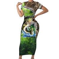 Personalized Bass Fishing Design Family Matching Short Sleeve Bodycon Dress and Hawaiian Shirt Leaping Fish Graphic and Camouflage Green Water Splash Print - Wonder Print Shop