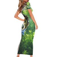 Personalized Bass Fishing Design Family Matching Short Sleeve Bodycon Dress and Hawaiian Shirt Leaping Fish Graphic and Camouflage Green Water Splash Print - Wonder Print Shop