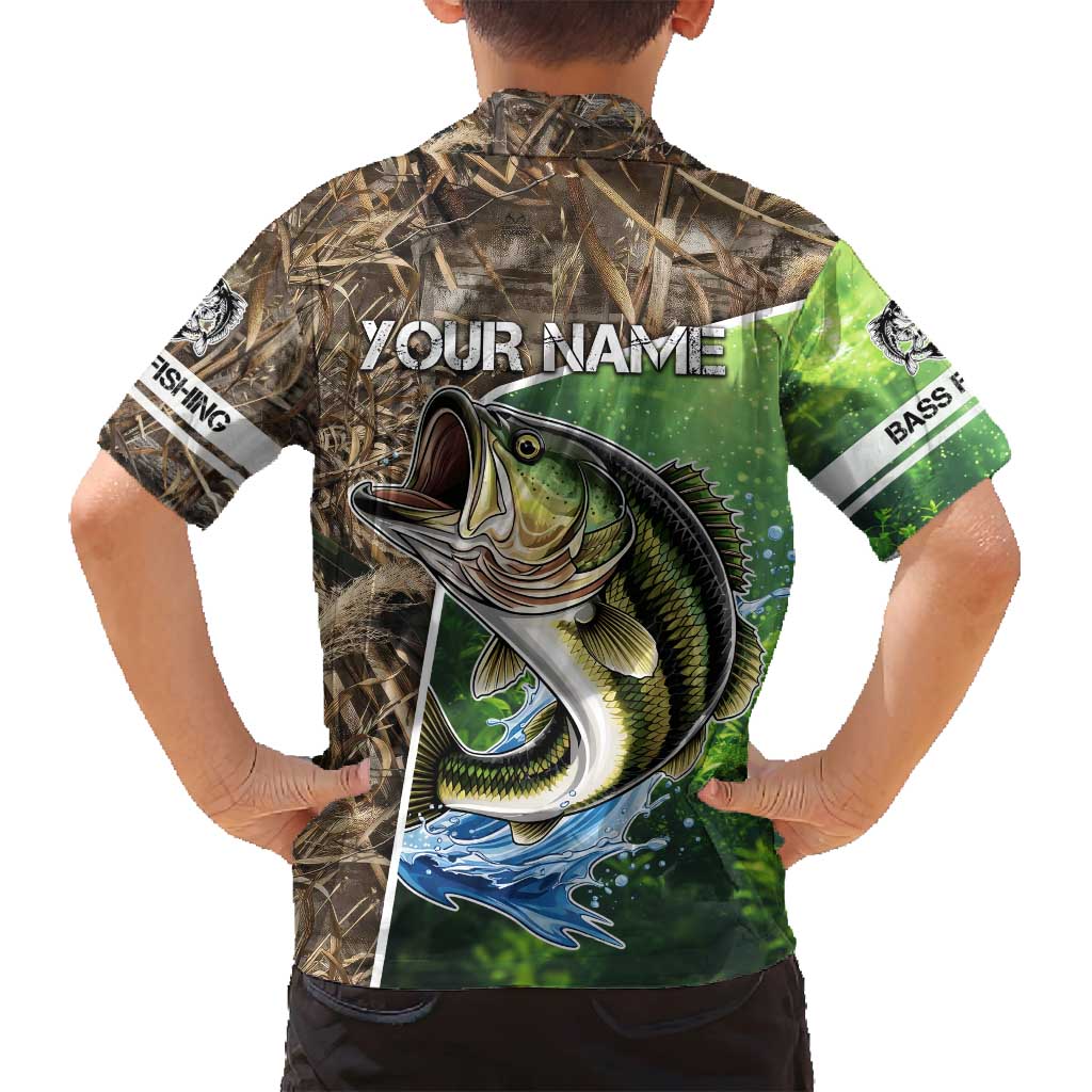 Personalized Bass Fishing Design Family Matching Summer Maxi Dress and Hawaiian Shirt Leaping Fish Graphic and Camouflage Green Water Splash Print - Wonder Print Shop