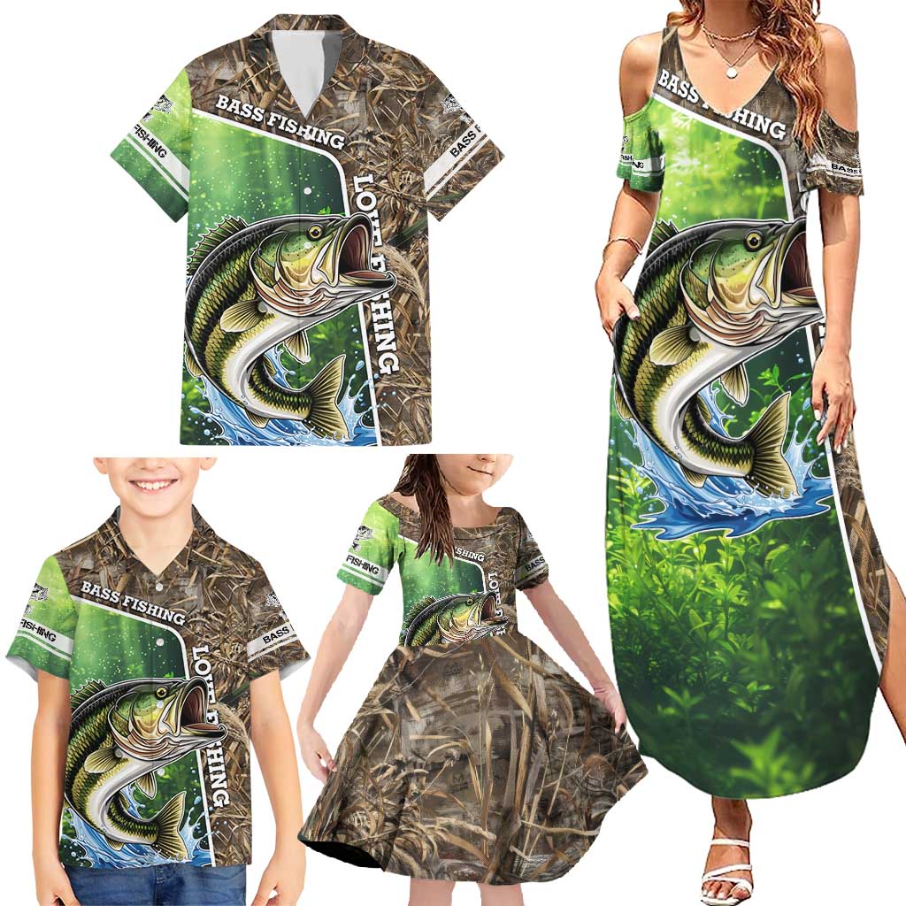 Personalized Bass Fishing Design Family Matching Summer Maxi Dress and Hawaiian Shirt Leaping Fish Graphic and Camouflage Green Water Splash Print - Wonder Print Shop
