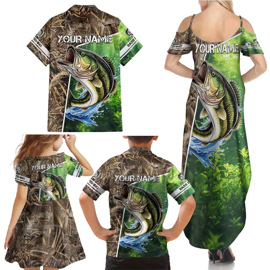 Personalized Bass Fishing Design Family Matching Summer Maxi Dress and Hawaiian Shirt Leaping Fish Graphic and Camouflage Green Water Splash Print - Wonder Print Shop