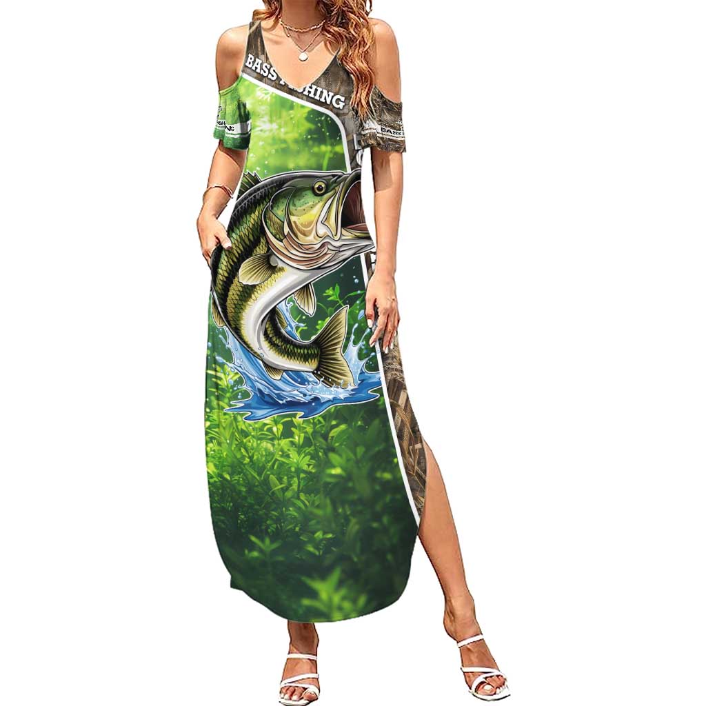Personalized Bass Fishing Design Family Matching Summer Maxi Dress and Hawaiian Shirt Leaping Fish Graphic and Camouflage Green Water Splash Print - Wonder Print Shop
