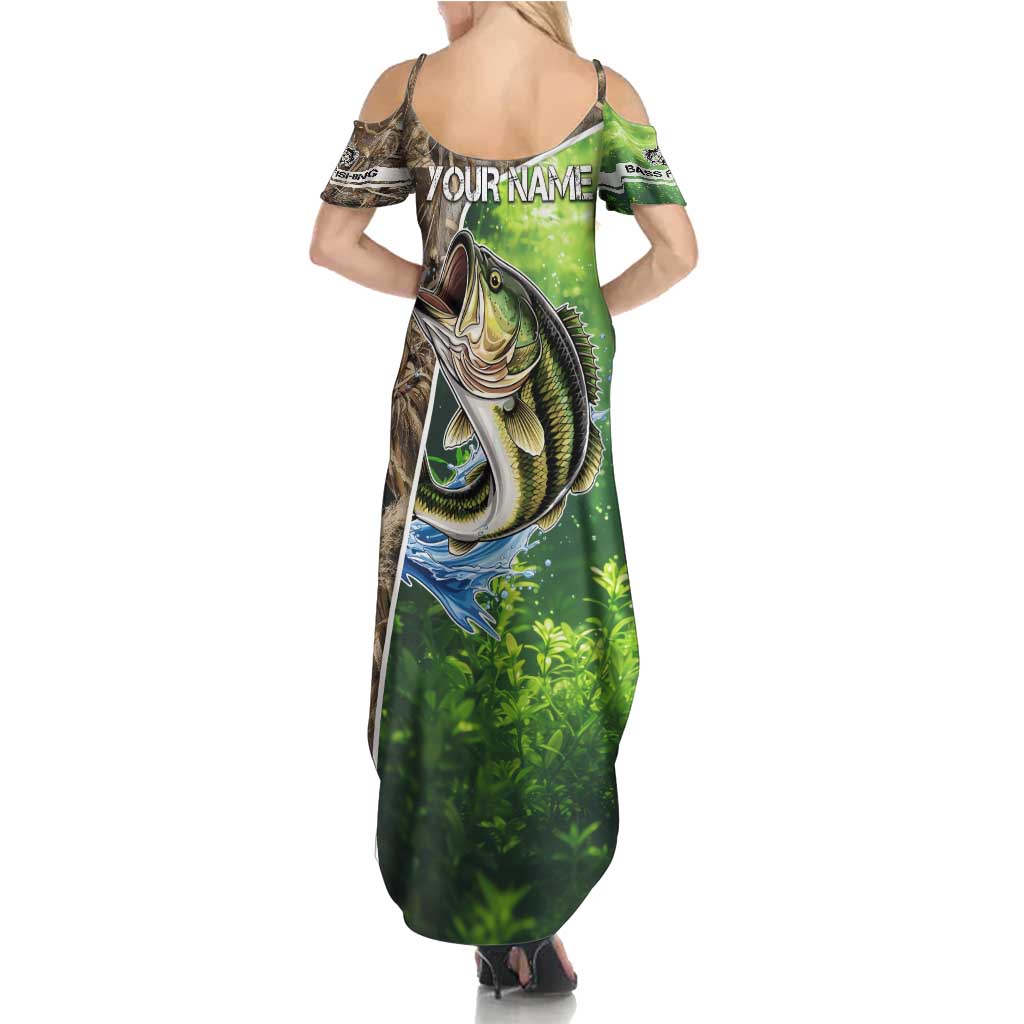 Personalized Bass Fishing Design Family Matching Summer Maxi Dress and Hawaiian Shirt Leaping Fish Graphic and Camouflage Green Water Splash Print - Wonder Print Shop