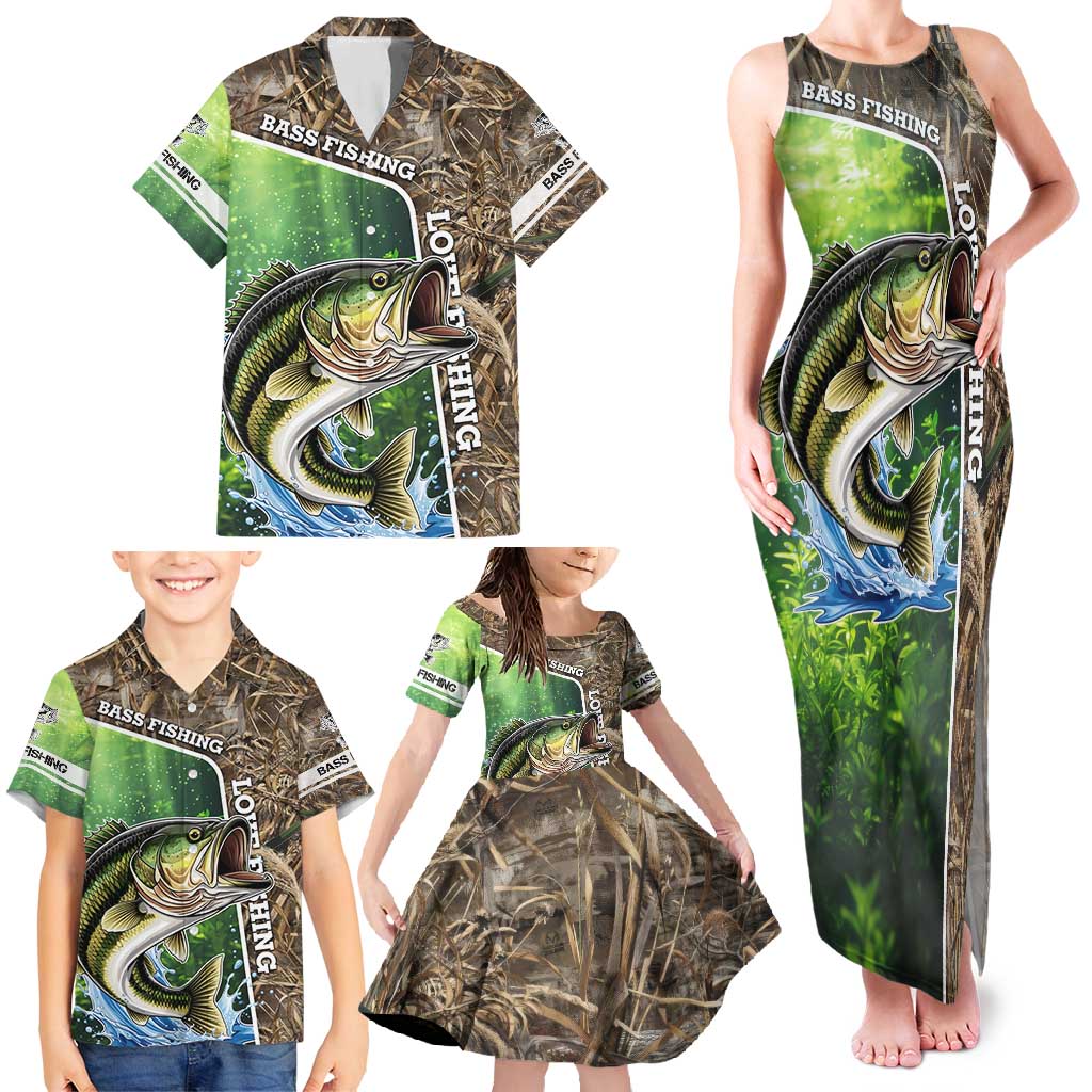 Personalized Bass Fishing Design Family Matching Tank Maxi Dress and Hawaiian Shirt Leaping Fish Graphic and Camouflage Green Water Splash Print - Wonder Print Shop