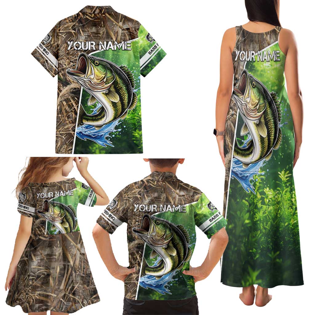 Personalized Bass Fishing Design Family Matching Tank Maxi Dress and Hawaiian Shirt Leaping Fish Graphic and Camouflage Green Water Splash Print - Wonder Print Shop