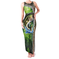 Personalized Bass Fishing Design Family Matching Tank Maxi Dress and Hawaiian Shirt Leaping Fish Graphic and Camouflage Green Water Splash Print - Wonder Print Shop