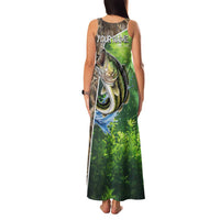 Personalized Bass Fishing Design Family Matching Tank Maxi Dress and Hawaiian Shirt Leaping Fish Graphic and Camouflage Green Water Splash Print - Wonder Print Shop