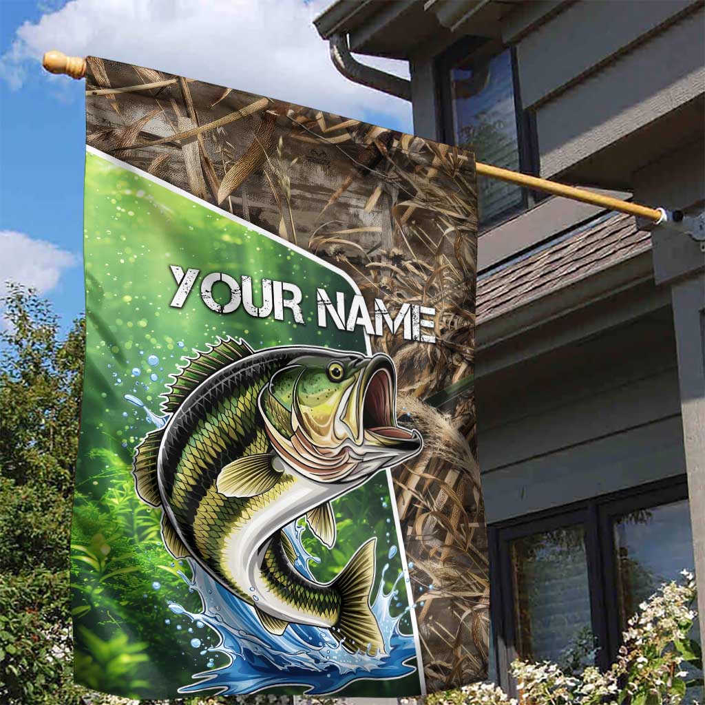 Personalized Bass Fishing Design Garden Flag Leaping Fish Graphic and Camouflage Green Water Splash Print - Wonder Print Shop