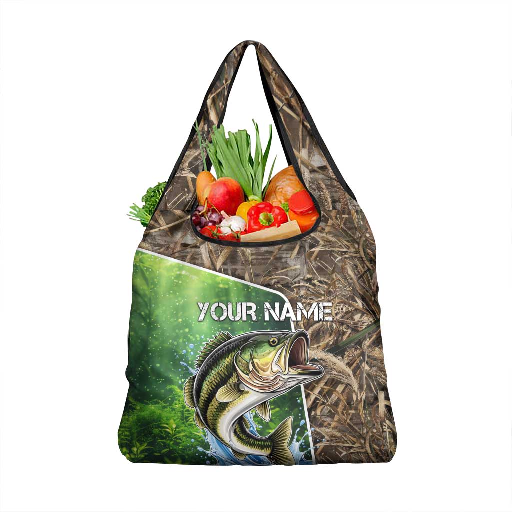 Personalized Bass Fishing Design Grocery Bag Leaping Fish Graphic and Camouflage Green Water Splash Print - Wonder Print Shop