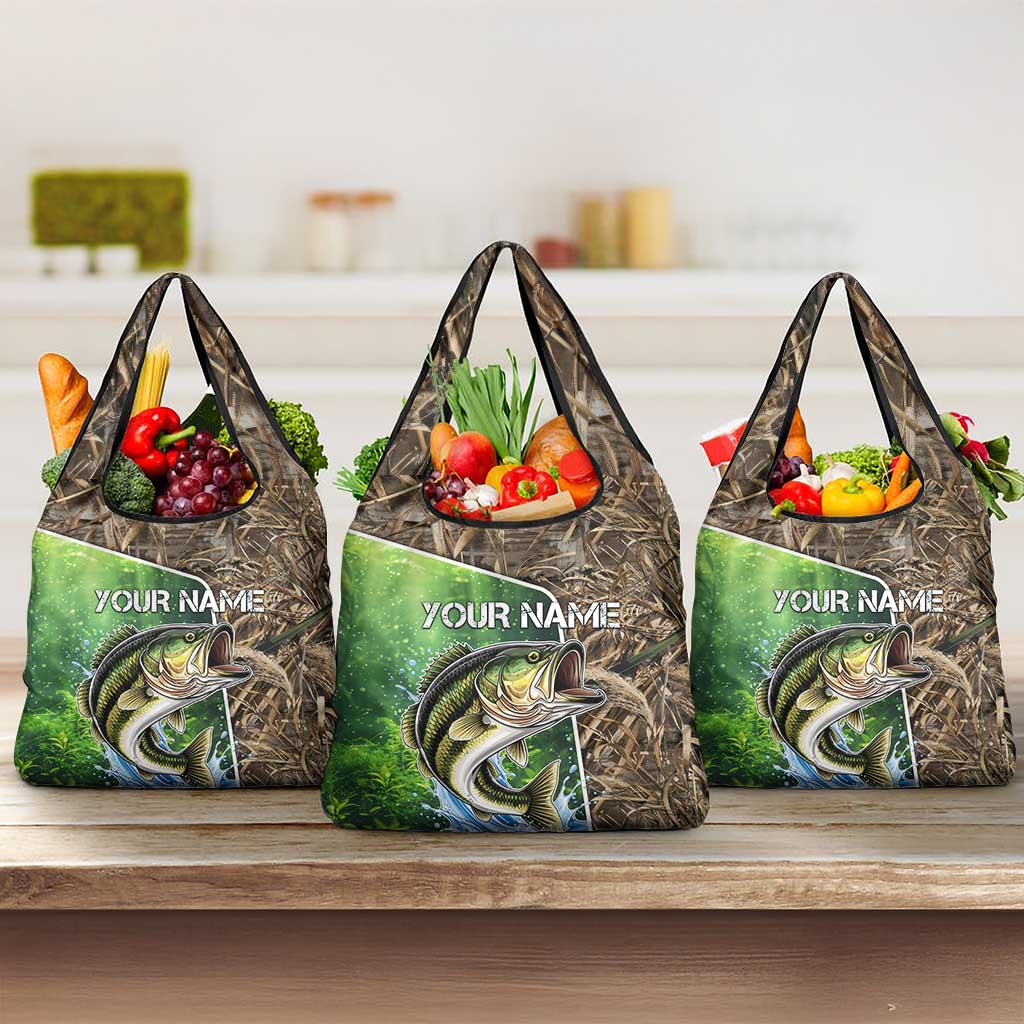 Personalized Bass Fishing Design Grocery Bag Leaping Fish Graphic and Camouflage Green Water Splash Print - Wonder Print Shop