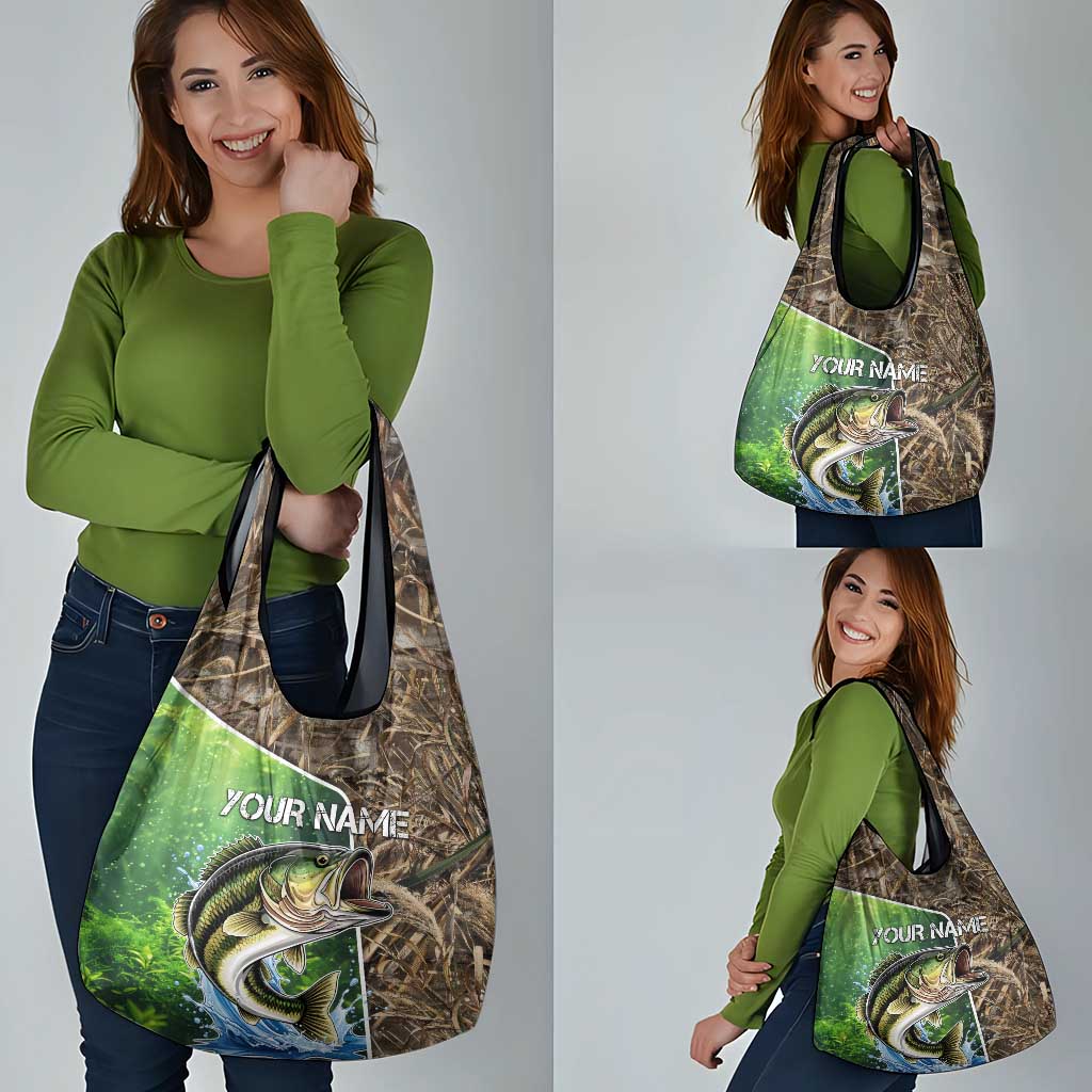 Personalized Bass Fishing Design Grocery Bag Leaping Fish Graphic and Camouflage Green Water Splash Print - Wonder Print Shop