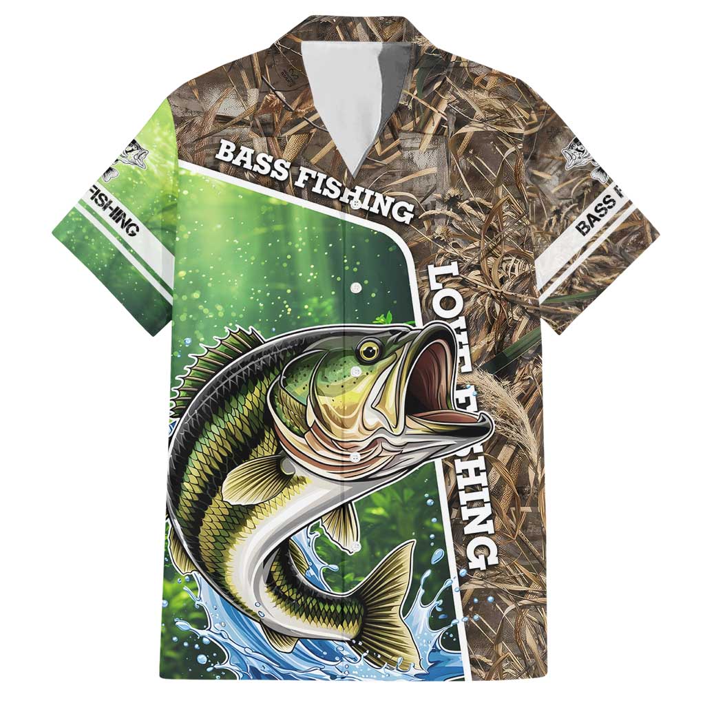 Personalized Bass Fishing Design Hawaiian Shirt Leaping Fish Graphic and Camouflage Green Water Splash Print - Wonder Print Shop