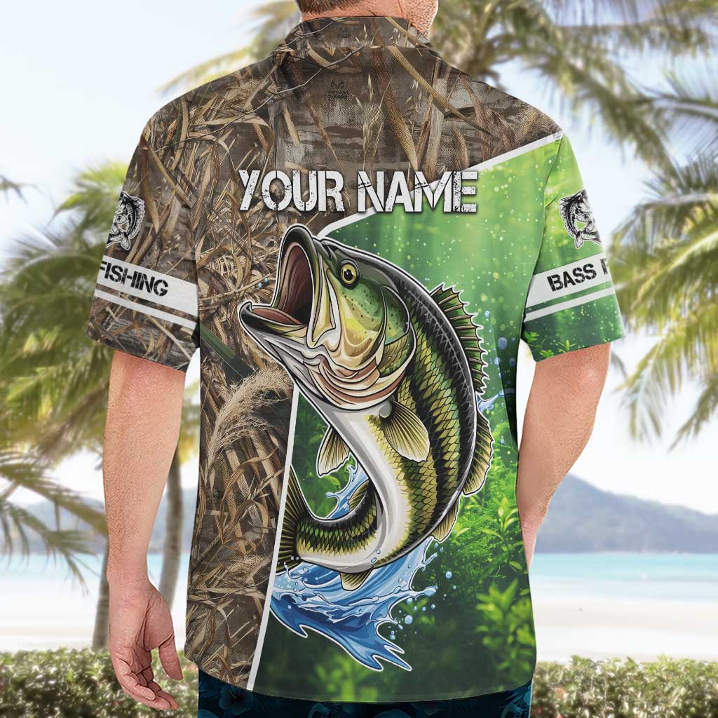 Personalized Bass Fishing Design Hawaiian Shirt Leaping Fish Graphic and Camouflage Green Water Splash Print - Wonder Print Shop