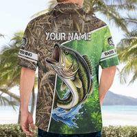 Personalized Bass Fishing Design Hawaiian Shirt Leaping Fish Graphic and Camouflage Green Water Splash Print - Wonder Print Shop