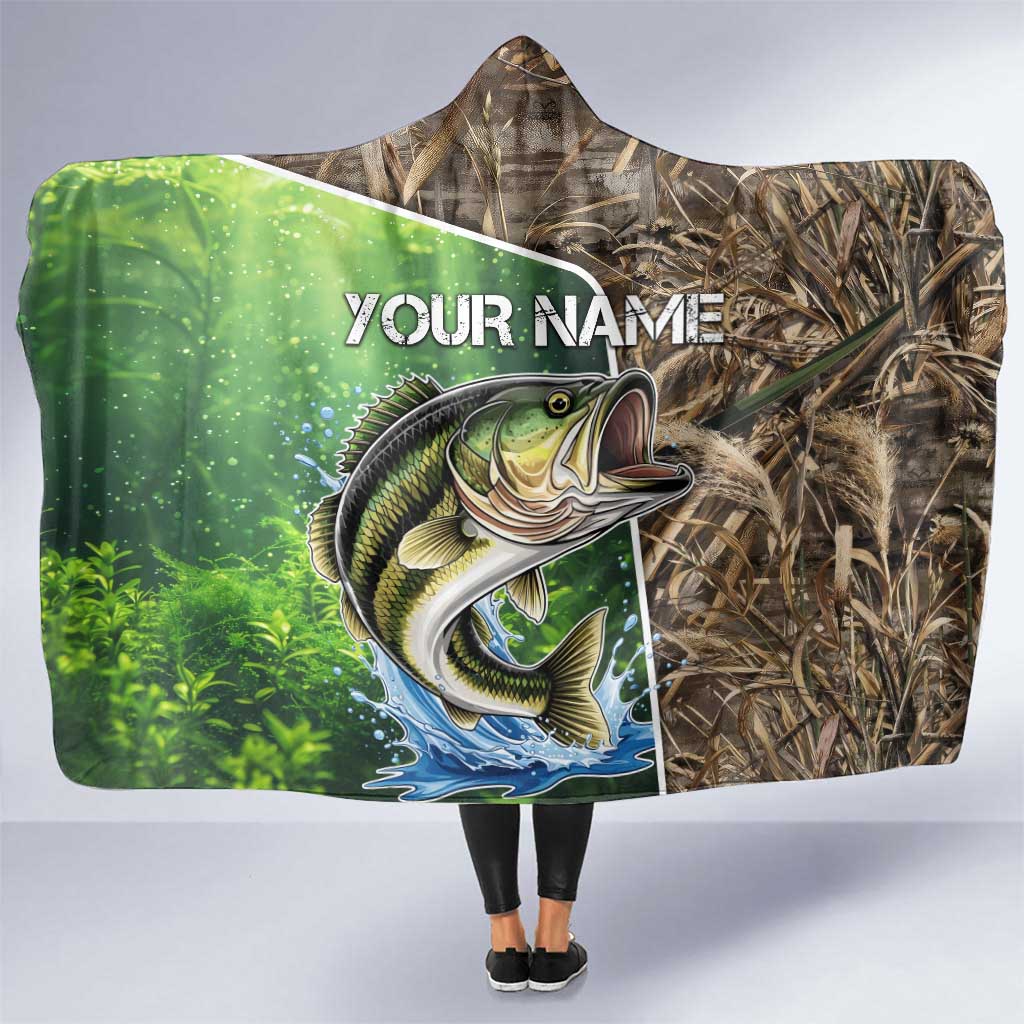Personalized Bass Fishing Design Hooded Blanket Leaping Fish Graphic and Camouflage Green Water Splash Print - Wonder Print Shop