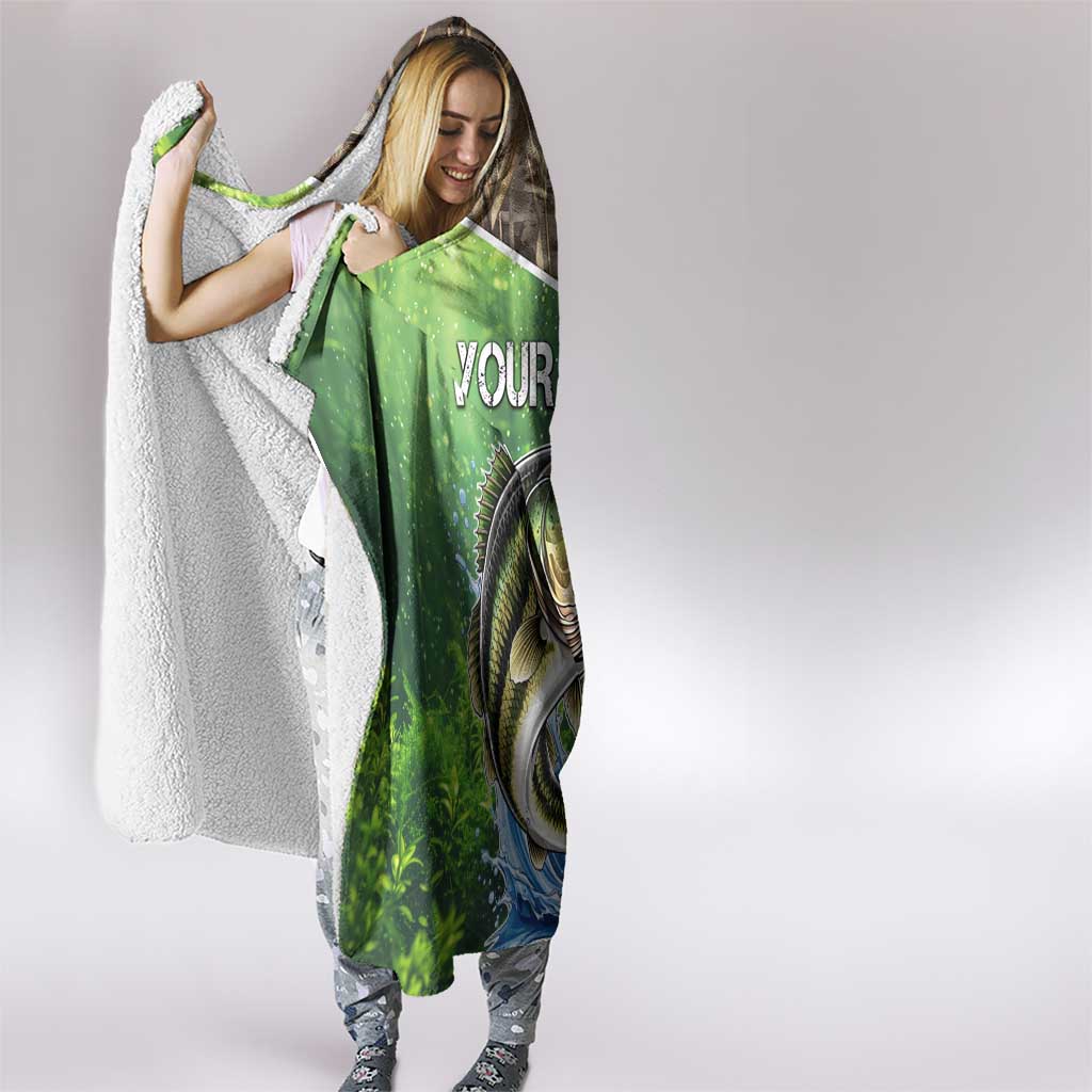 Personalized Bass Fishing Design Hooded Blanket Leaping Fish Graphic and Camouflage Green Water Splash Print - Wonder Print Shop