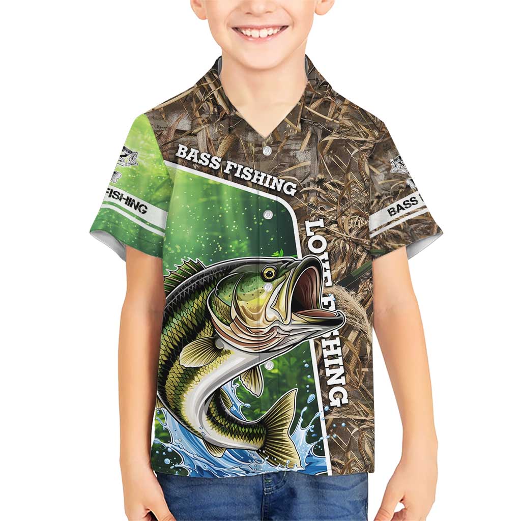 Personalized Bass Fishing Design Kid Hawaiian Shirt Leaping Fish Graphic and Camouflage Green Water Splash Print - Wonder Print Shop