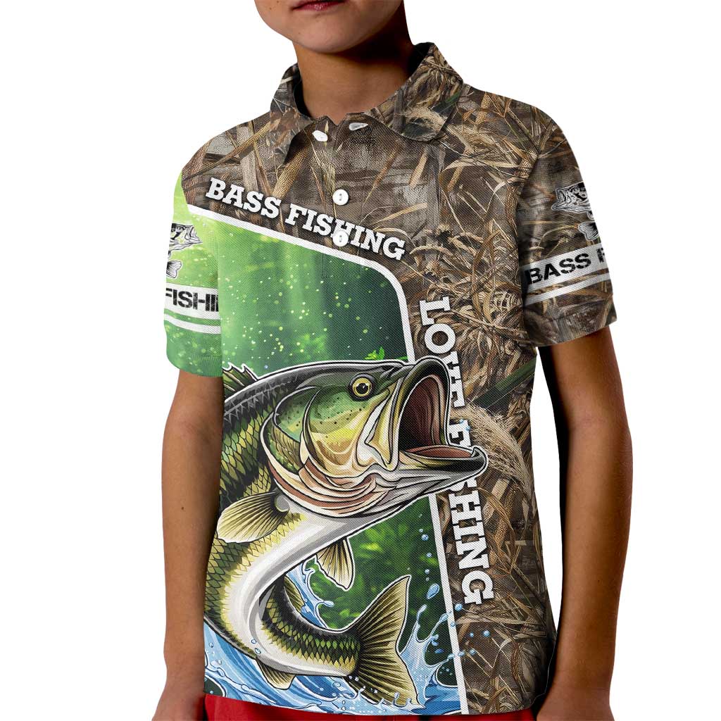 Personalized Bass Fishing Design Kid Polo Shirt Leaping Fish Graphic and Camouflage Green Water Splash Print - Wonder Print Shop