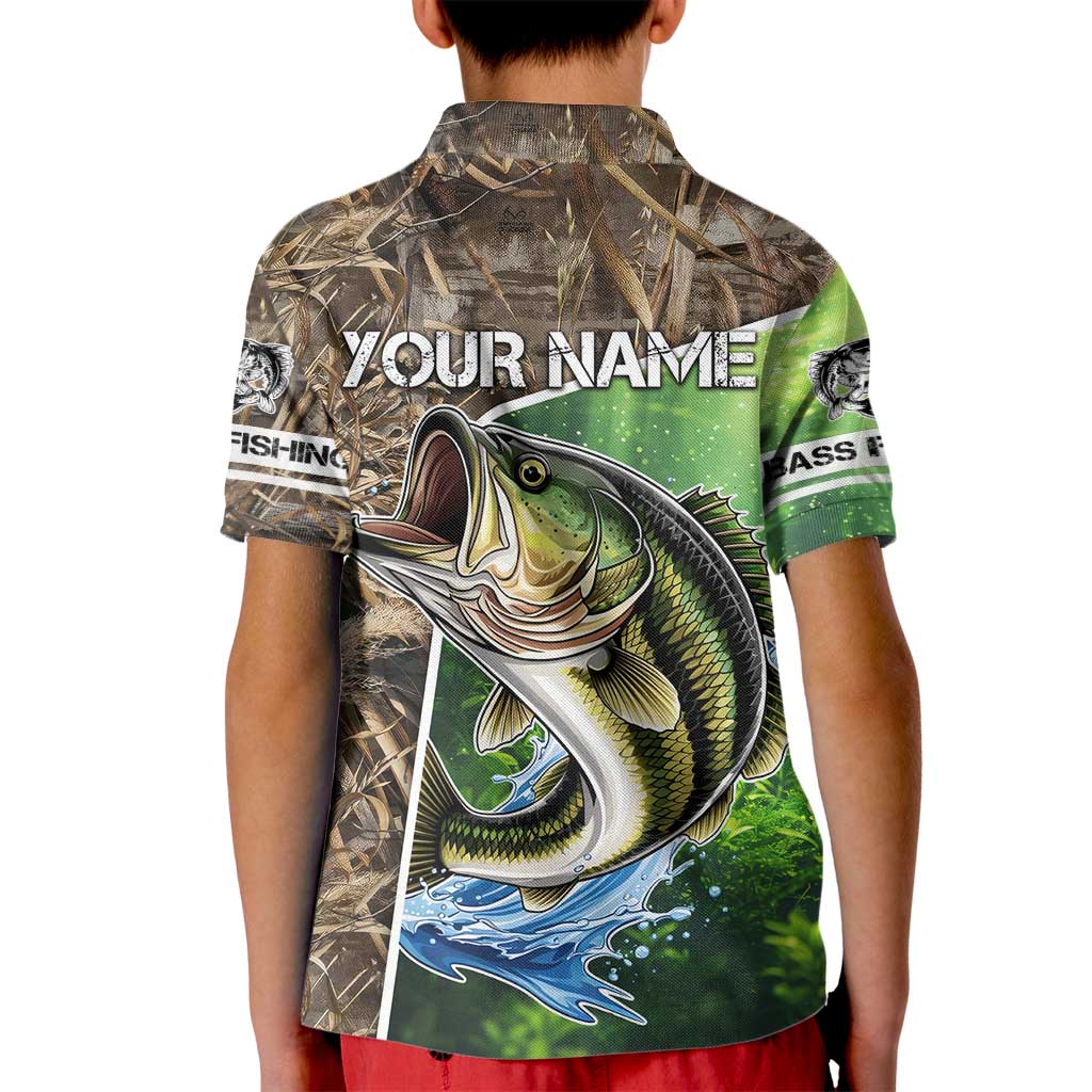 Personalized Bass Fishing Design Kid Polo Shirt Leaping Fish Graphic and Camouflage Green Water Splash Print - Wonder Print Shop