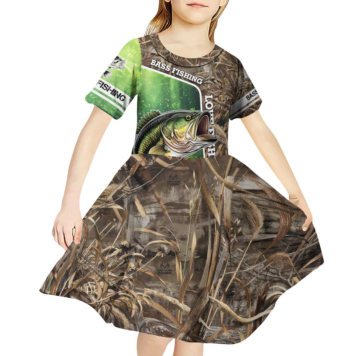 Personalized Bass Fishing Design Kid Short Sleeve Dress Leaping Fish Graphic and Camouflage Green Water Splash Print - Wonder Print Shop