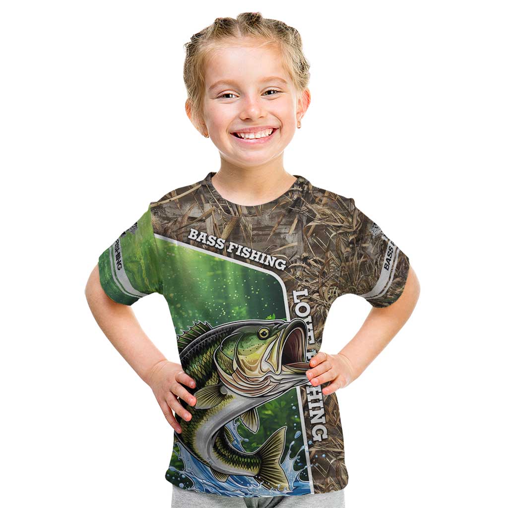 Personalized Bass Fishing Design Kid T Shirt Leaping Fish Graphic and Camouflage Green Water Splash Print - Wonder Print Shop