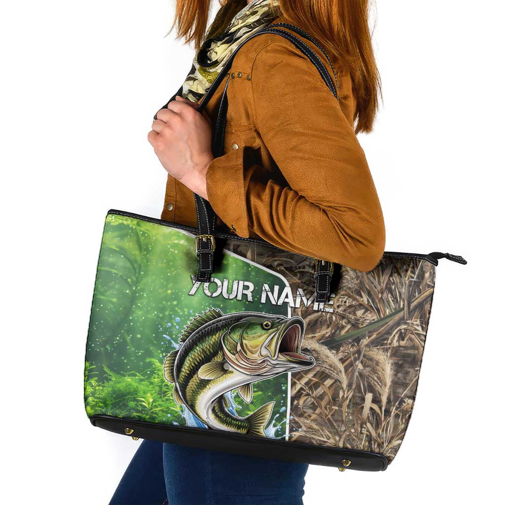 Personalized Bass Fishing Design Leather Tote Bag Leaping Fish Graphic and Camouflage Green Water Splash Print - Wonder Print Shop