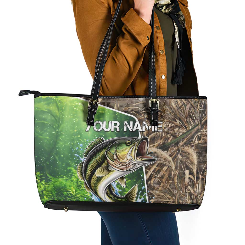 Personalized Bass Fishing Design Leather Tote Bag Leaping Fish Graphic and Camouflage Green Water Splash Print - Wonder Print Shop