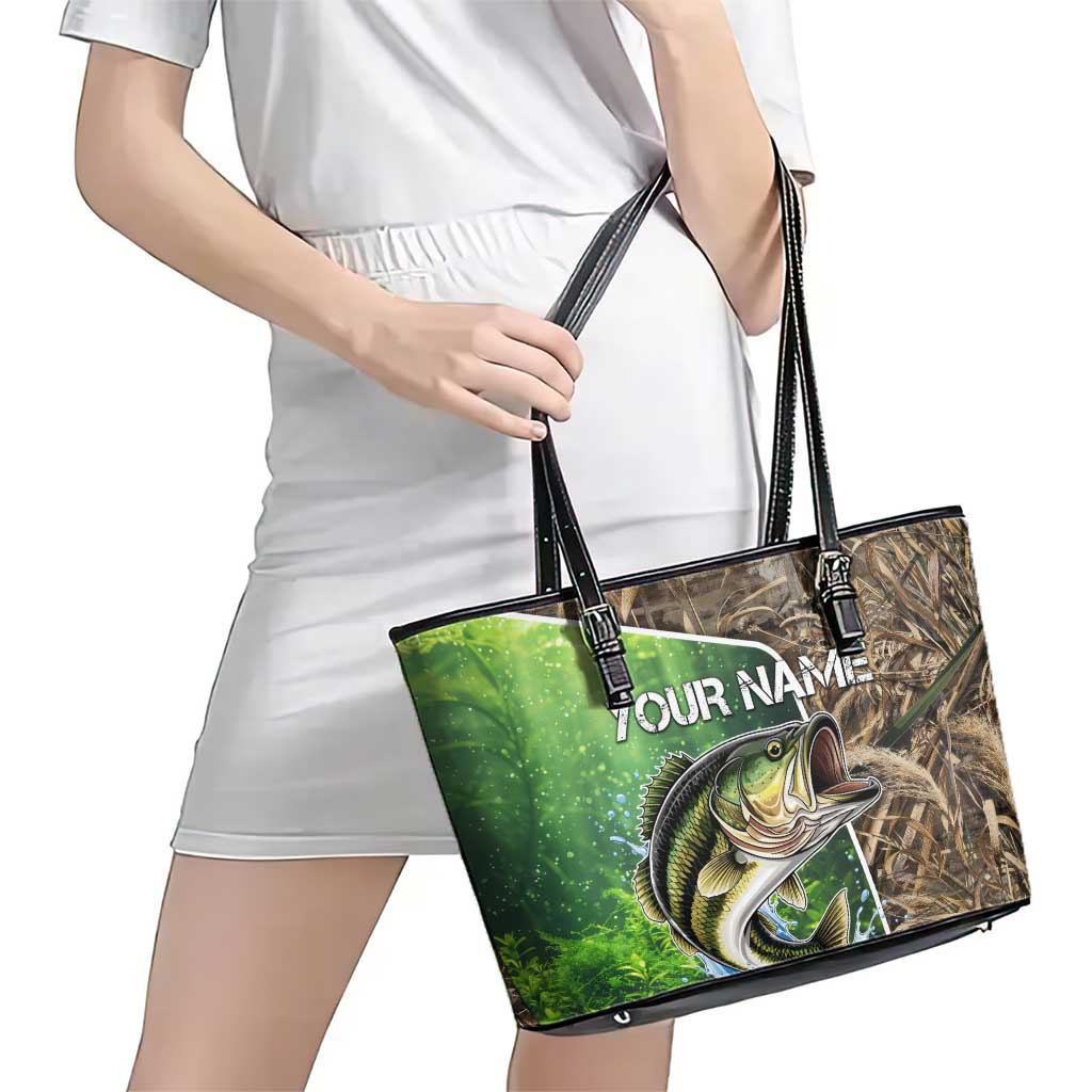 Personalized Bass Fishing Design Leather Tote Bag Leaping Fish Graphic and Camouflage Green Water Splash Print - Wonder Print Shop
