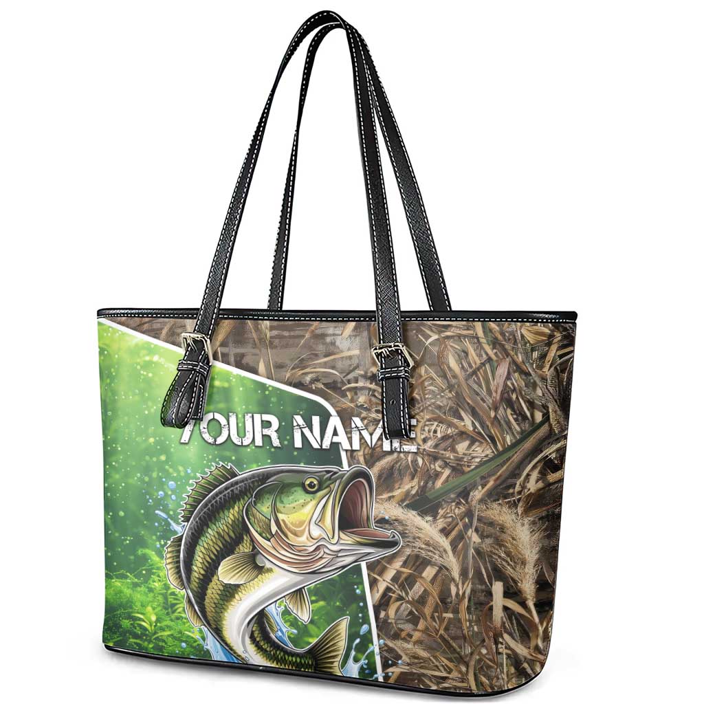 Personalized Bass Fishing Design Leather Tote Bag Leaping Fish Graphic and Camouflage Green Water Splash Print - Wonder Print Shop