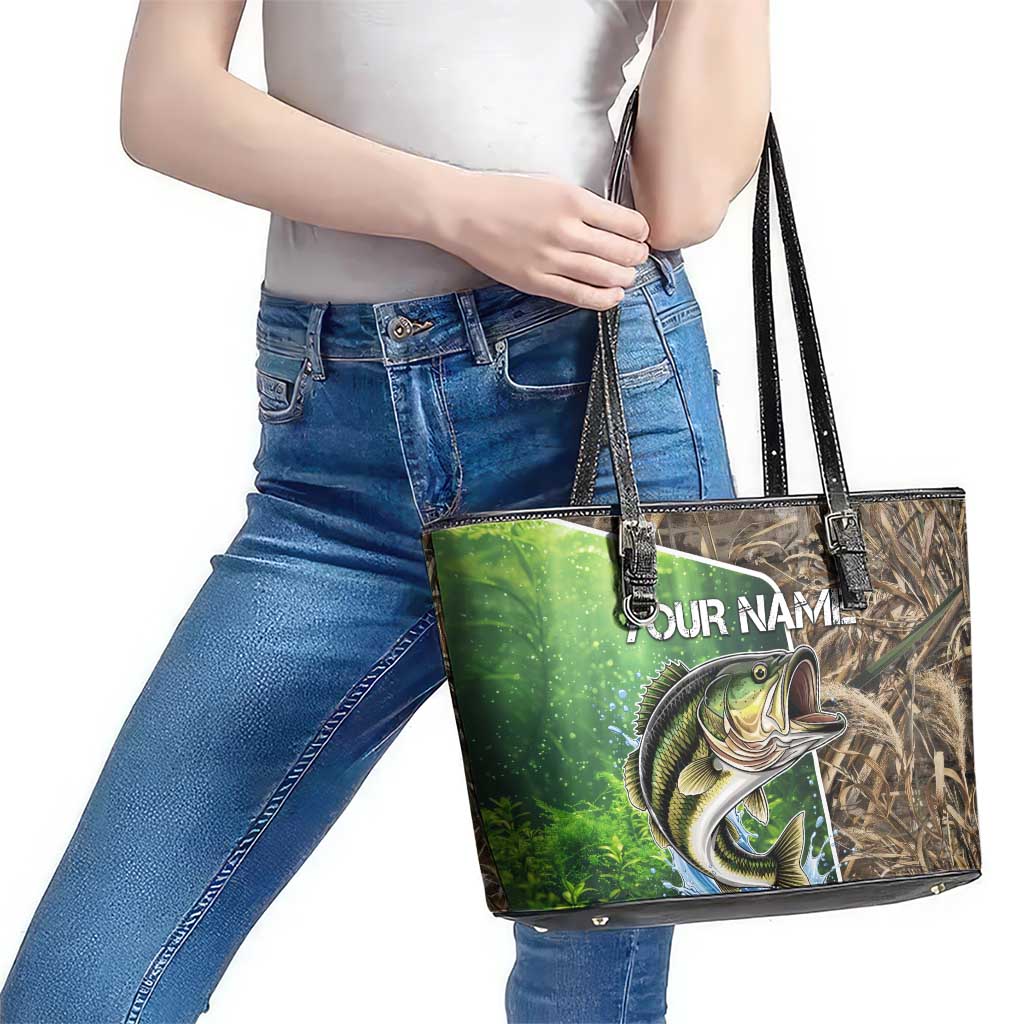 Personalized Bass Fishing Design Leather Tote Bag Leaping Fish Graphic and Camouflage Green Water Splash Print - Wonder Print Shop