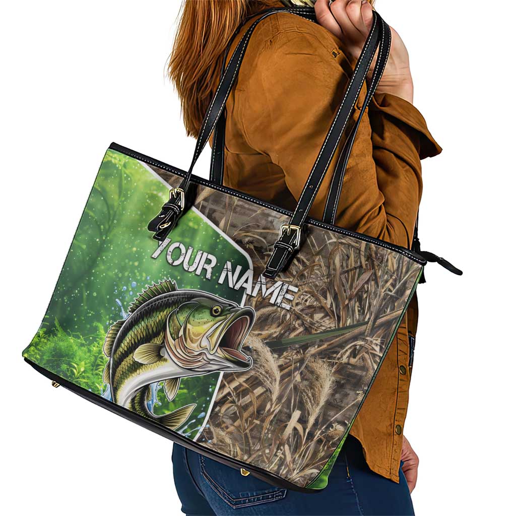 Personalized Bass Fishing Design Leather Tote Bag Leaping Fish Graphic and Camouflage Green Water Splash Print - Wonder Print Shop