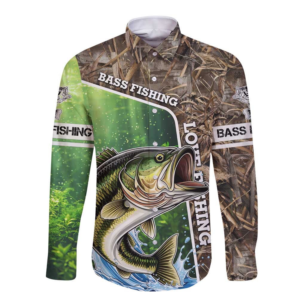 Personalized Bass Fishing Design Long Sleeve Button Shirt Leaping Fish Graphic and Camouflage Green Water Splash Print - Wonder Print Shop