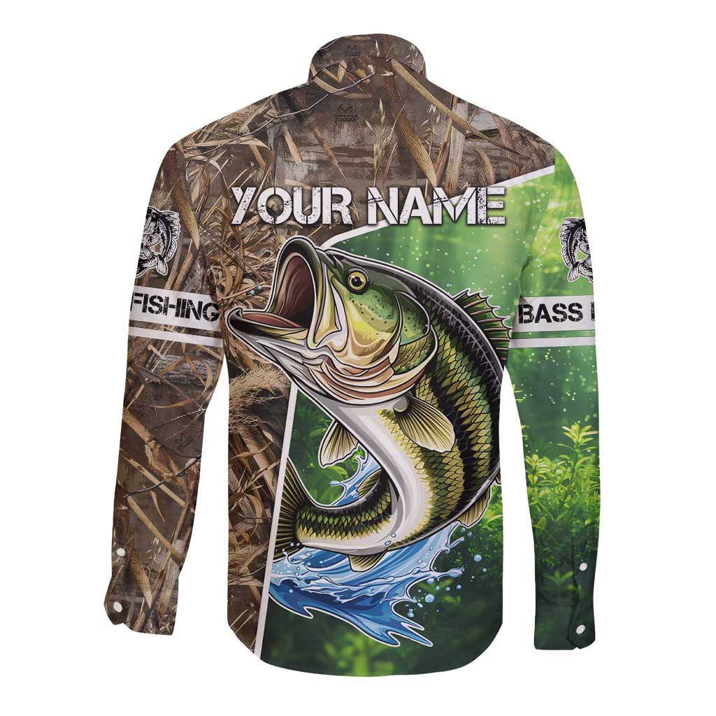 Personalized Bass Fishing Design Long Sleeve Button Shirt Leaping Fish Graphic and Camouflage Green Water Splash Print - Wonder Print Shop