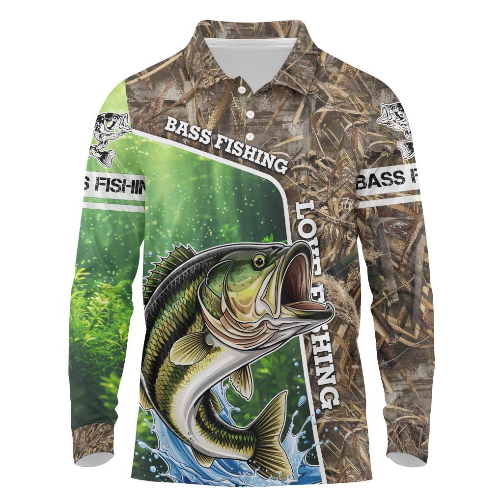 Personalized Bass Fishing Design Long Sleeve Polo Shirt Leaping Fish Graphic and Camouflage Green Water Splash Print - Wonder Print Shop
