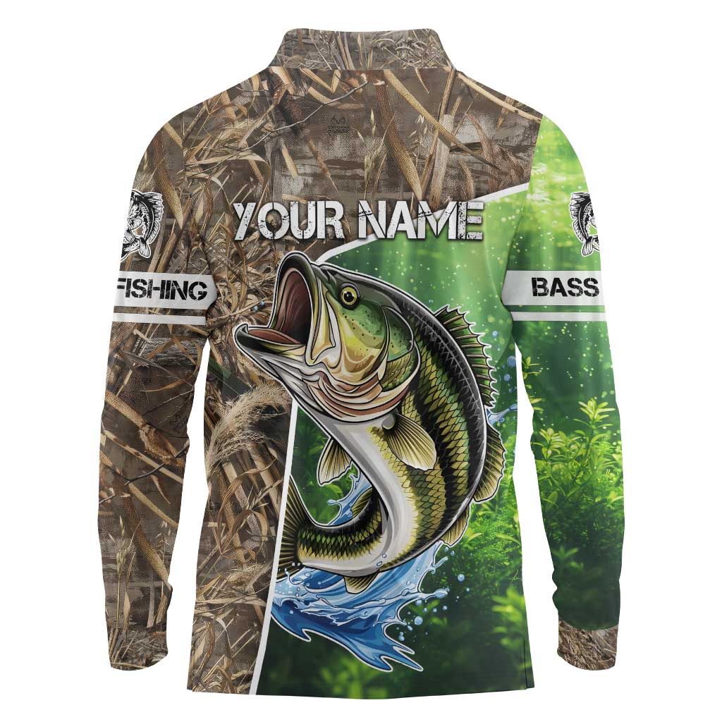 Personalized Bass Fishing Design Long Sleeve Polo Shirt Leaping Fish Graphic and Camouflage Green Water Splash Print - Wonder Print Shop