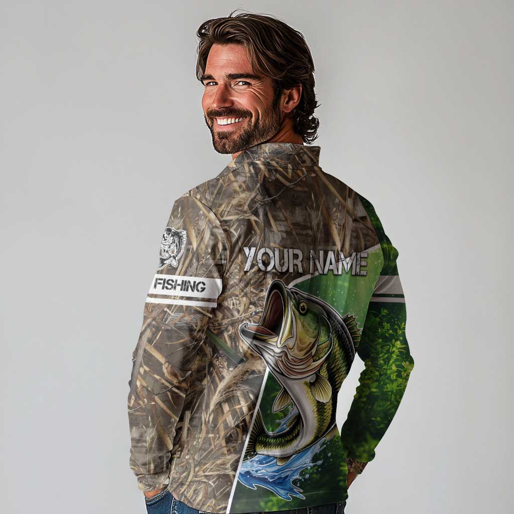 Personalized Bass Fishing Design Long Sleeve Polo Shirt Leaping Fish Graphic and Camouflage Green Water Splash Print - Wonder Print Shop